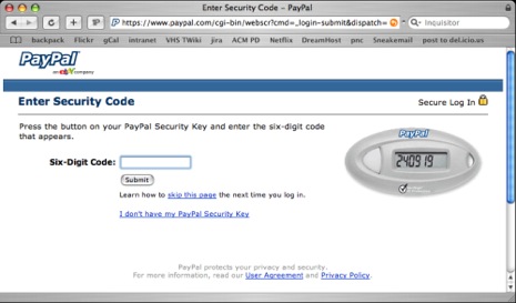 PayPal Security Code Page
